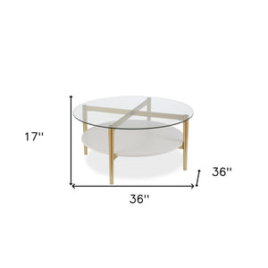 Homeroots 36" Clear And Gold Glass And Steel Round Coffee Table With Shelf   521052