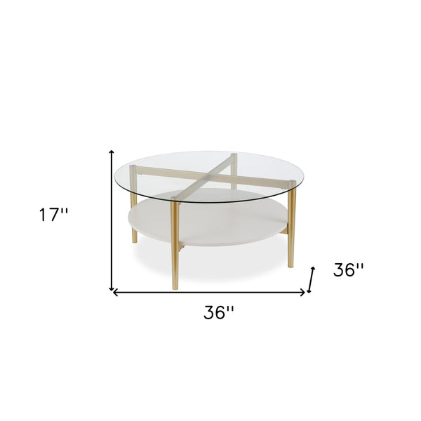 Homeroots 36" Clear And Gold Glass And Steel Round Coffee Table With Shelf   521052