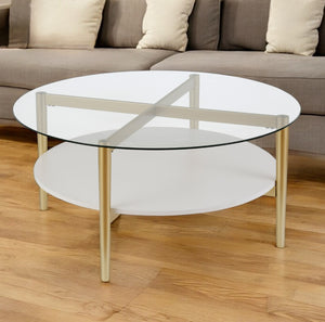Homeroots 36" Clear And Gold Glass And Steel Round Coffee Table With Shelf   521052