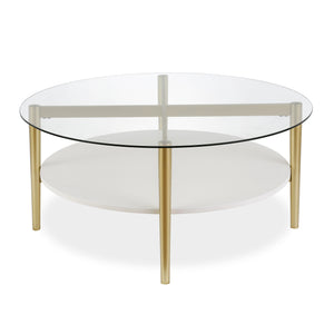 Homeroots 36" Clear And Gold Glass And Steel Round Coffee Table With Shelf   521052