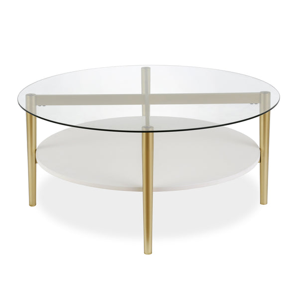 Homeroots 36" Clear And Gold Glass And Steel Round Coffee Table With Shelf   521052
