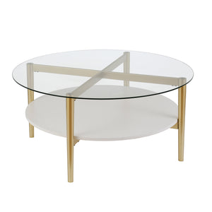 Homeroots 36" Clear And Gold Glass And Steel Round Coffee Table With Shelf   521052