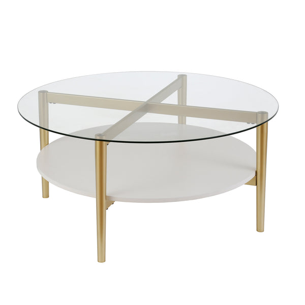 Homeroots 36" Clear And Gold Glass And Steel Round Coffee Table With Shelf   521052