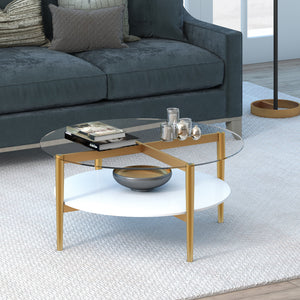 Homeroots 36" Clear And Gold Glass And Steel Round Coffee Table With Shelf   521052