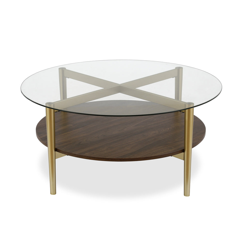 Homeroots 36" Gold Glass And Steel Round Coffee Table With Shelf   521053
