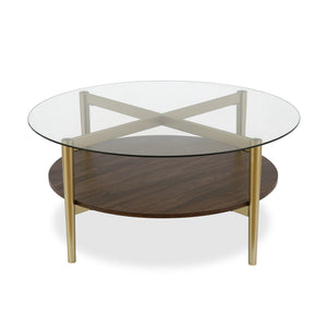 Homeroots 36" Gold Glass And Steel Round Coffee Table With Shelf   521053