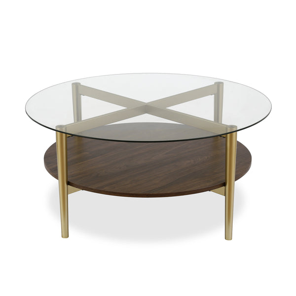 Homeroots 36" Gold Glass And Steel Round Coffee Table With Shelf   521053