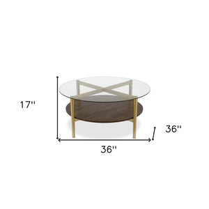 Homeroots 36" Gold Glass And Steel Round Coffee Table With Shelf   521053