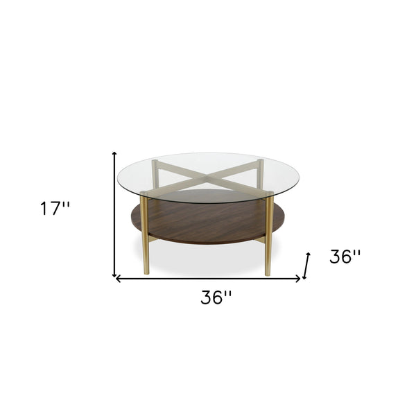 Homeroots 36" Gold Glass And Steel Round Coffee Table With Shelf   521053