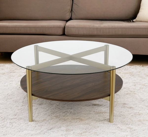 Homeroots 36" Gold Glass And Steel Round Coffee Table With Shelf   521053