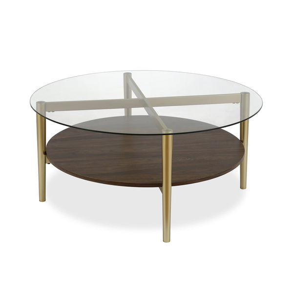 Homeroots 36" Gold Glass And Steel Round Coffee Table With Shelf   521053