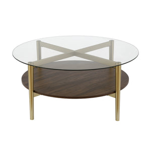 Homeroots 36" Gold Glass And Steel Round Coffee Table With Shelf   521053