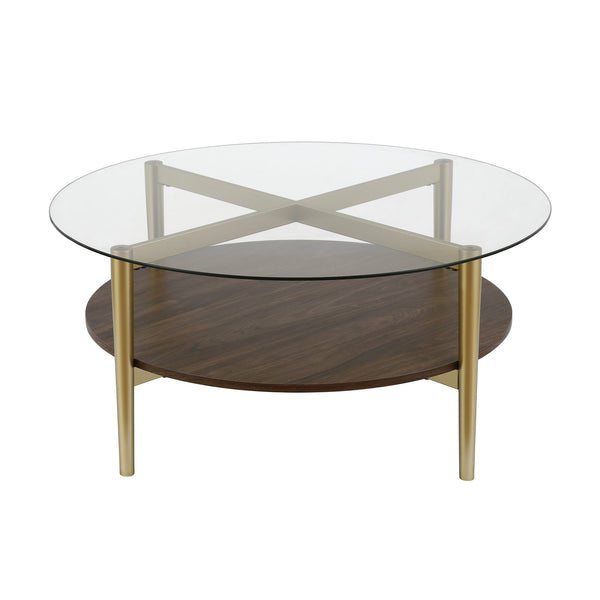 Homeroots 36" Gold Glass And Steel Round Coffee Table With Shelf   521053