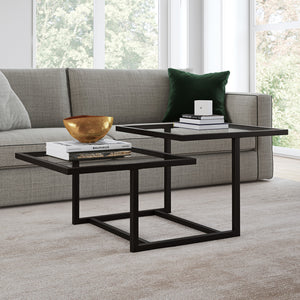 Homeroots 43" Black Glass And Steel Square Coffee Table With Two Shelves   521054