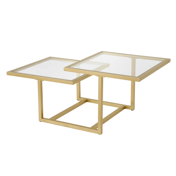 Homeroots 43" Gold Glass And Steel Square Coffee Table With Two Shelves   521055