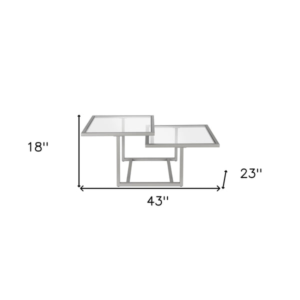Homeroots 43" Silver Glass And Steel Square Coffee Table With Two Shelves   521056