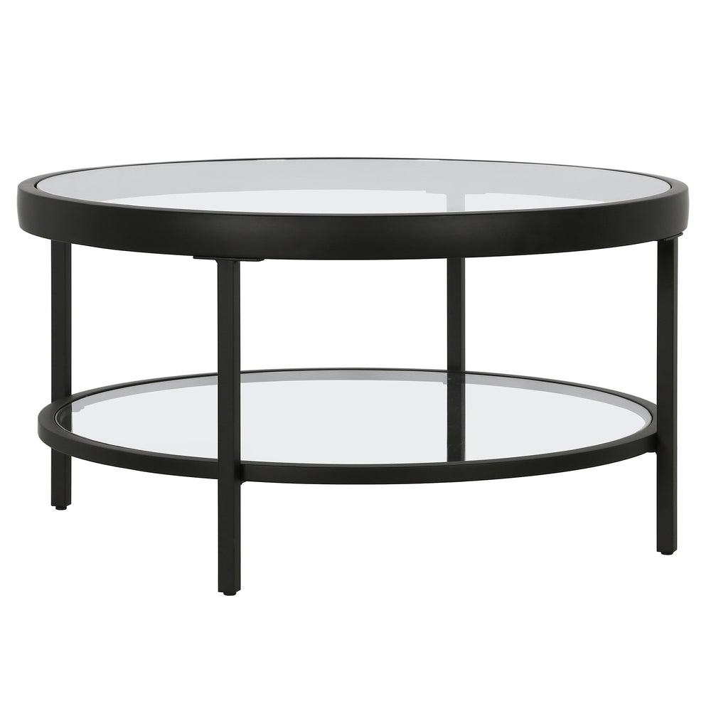 Homeroots 32" Clear And Black Glass And Steel Round Coffee Table With Shelf   521058