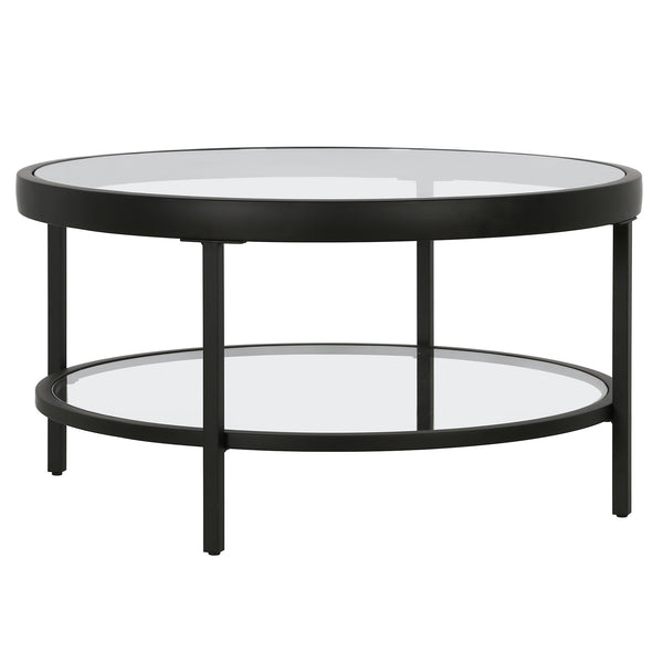 Homeroots 32" Clear And Black Glass And Steel Round Coffee Table With Shelf   521058