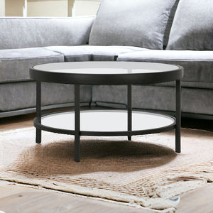Homeroots 32" Clear And Black Glass And Steel Round Coffee Table With Shelf   521058