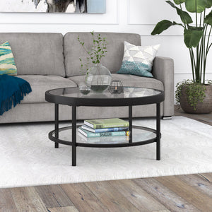 Homeroots 32" Clear And Black Glass And Steel Round Coffee Table With Shelf   521058