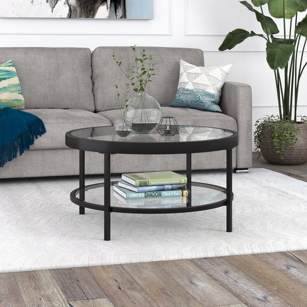 Homeroots 32" Clear And Black Glass And Steel Round Coffee Table With Shelf   521058