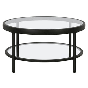 Homeroots 32" Clear And Black Glass And Steel Round Coffee Table With Shelf   521058