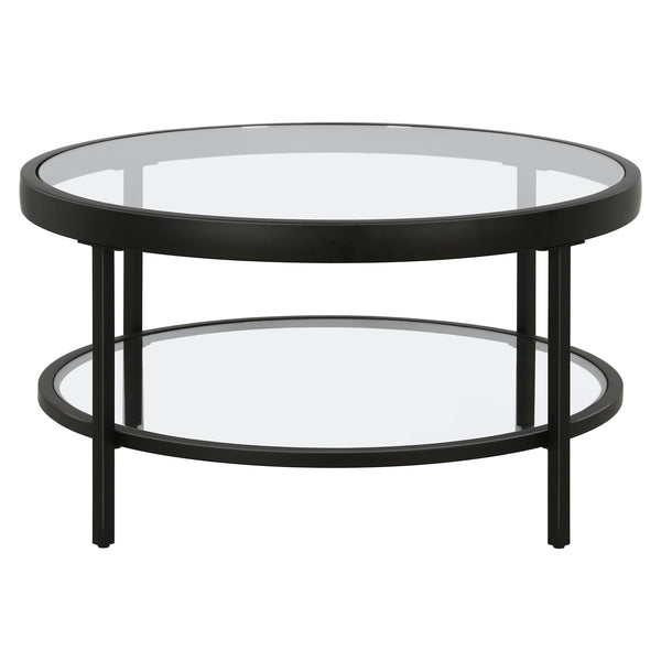 Homeroots 32" Clear And Black Glass And Steel Round Coffee Table With Shelf   521058