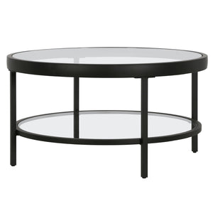 Homeroots 32" Clear And Black Glass And Steel Round Coffee Table With Shelf   521058
