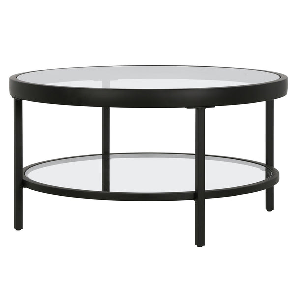 Homeroots 32" Clear And Black Glass And Steel Round Coffee Table With Shelf   521058