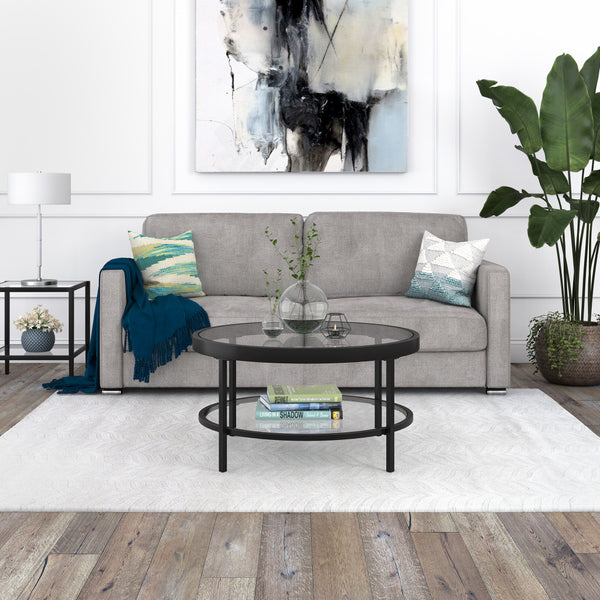 Homeroots 32" Clear And Black Glass And Steel Round Coffee Table With Shelf   521058