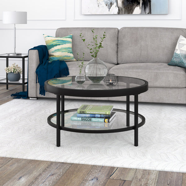 Homeroots 32" Clear And Black Glass And Steel Round Coffee Table With Shelf   521058