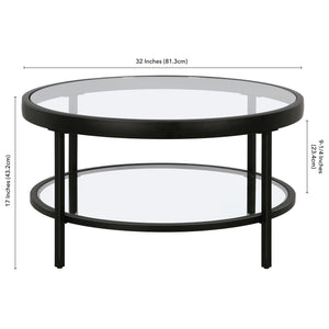 Homeroots 32" Clear And Black Glass And Steel Round Coffee Table With Shelf   521058