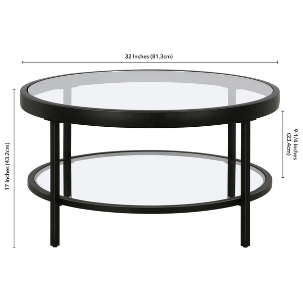 Homeroots 32" Clear And Black Glass And Steel Round Coffee Table With Shelf   521058