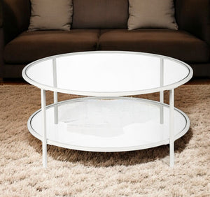 Homeroots 36" White Glass And Steel Round Coffee Table With Shelf   521062