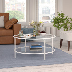 Homeroots 36" White Glass And Steel Round Coffee Table With Shelf   521062