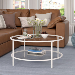 Homeroots 36" White Glass And Steel Round Coffee Table With Shelf   521062