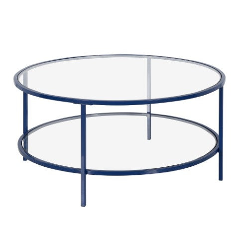 Homeroots 36" Stylish Clear And Blue Glass Round Coffee Table With Steel Base And Convenient Storage Shelf   521063