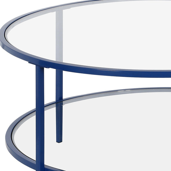 Homeroots 36" Stylish Clear And Blue Glass Round Coffee Table With Steel Base And Convenient Storage Shelf   521063