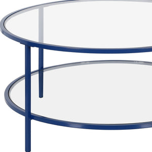 Homeroots 36" Stylish Clear And Blue Glass Round Coffee Table With Steel Base And Convenient Storage Shelf   521063