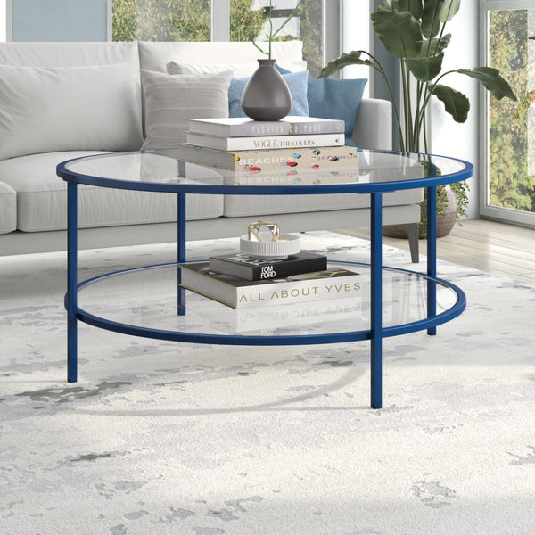 Homeroots 36" Stylish Clear And Blue Glass Round Coffee Table With Steel Base And Convenient Storage Shelf   521063