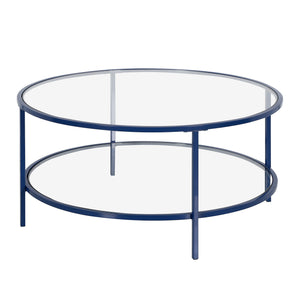 Homeroots 36" Stylish Clear And Blue Glass Round Coffee Table With Steel Base And Convenient Storage Shelf   521063