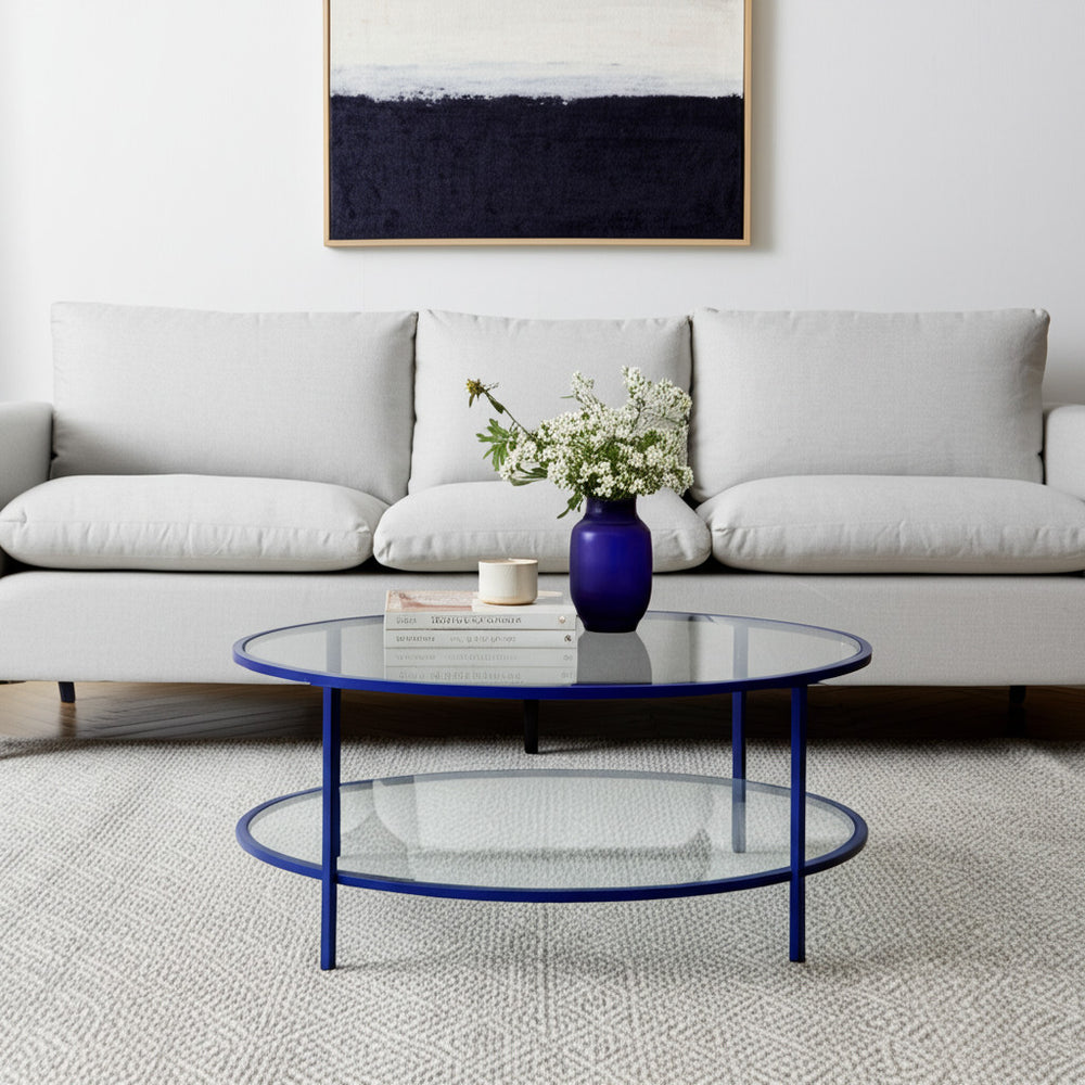 Homeroots 36" Stylish Clear And Blue Glass Round Coffee Table With Steel Base And Convenient Storage Shelf   521063