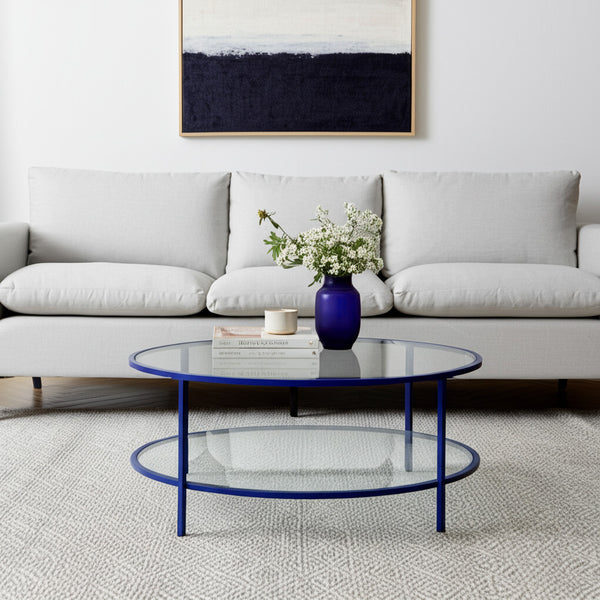 Homeroots 36" Stylish Clear And Blue Glass Round Coffee Table With Steel Base And Convenient Storage Shelf   521063