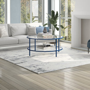 Homeroots 36" Stylish Clear And Blue Glass Round Coffee Table With Steel Base And Convenient Storage Shelf   521063