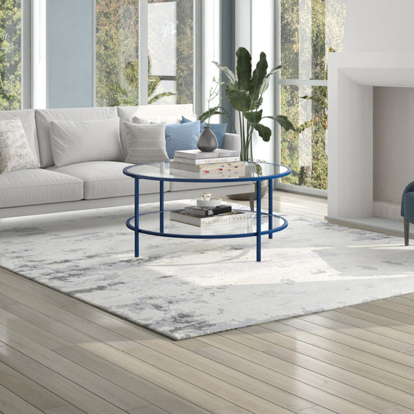 Homeroots 36" Stylish Clear And Blue Glass Round Coffee Table With Steel Base And Convenient Storage Shelf   521063