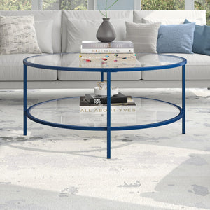 Homeroots 36" Stylish Clear And Blue Glass Round Coffee Table With Steel Base And Convenient Storage Shelf   521063