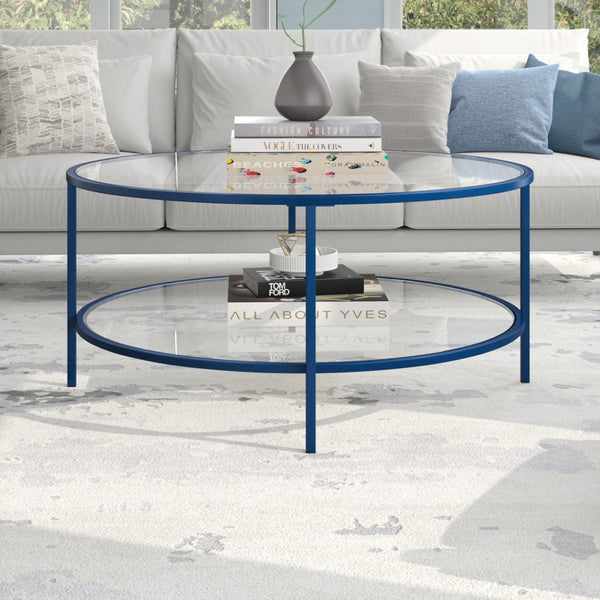 Homeroots 36" Stylish Clear And Blue Glass Round Coffee Table With Steel Base And Convenient Storage Shelf   521063