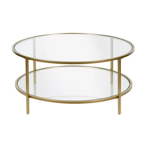 Homeroots 36" Gold Glass And Steel Round Coffee Table With Shelf   521064