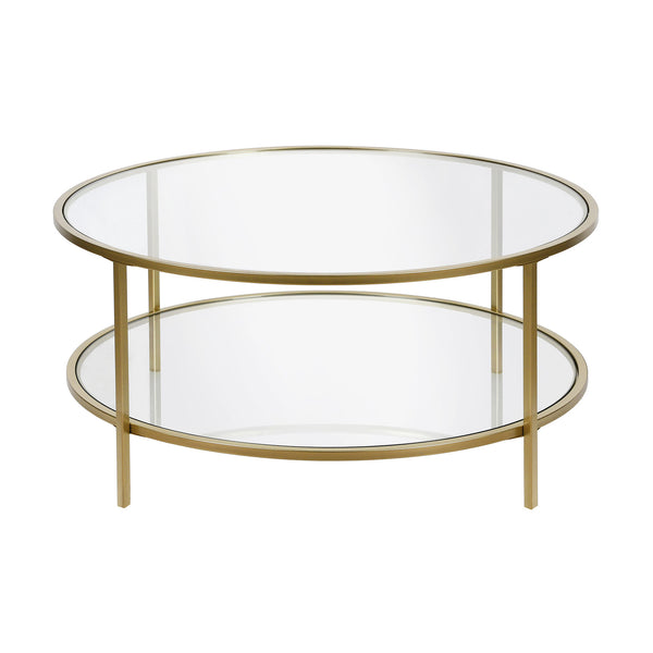 Homeroots 36" Gold Glass And Steel Round Coffee Table With Shelf   521064
