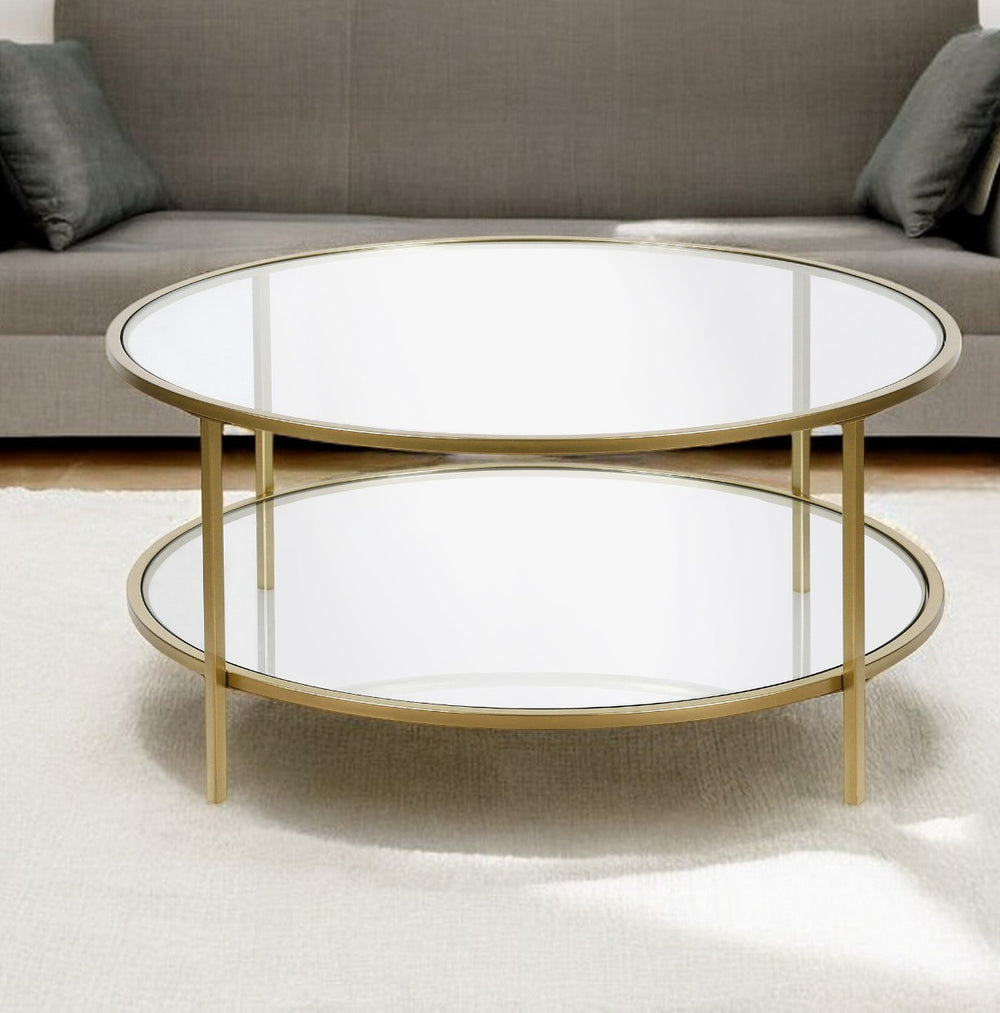 Homeroots 36" Gold Glass And Steel Round Coffee Table With Shelf   521064